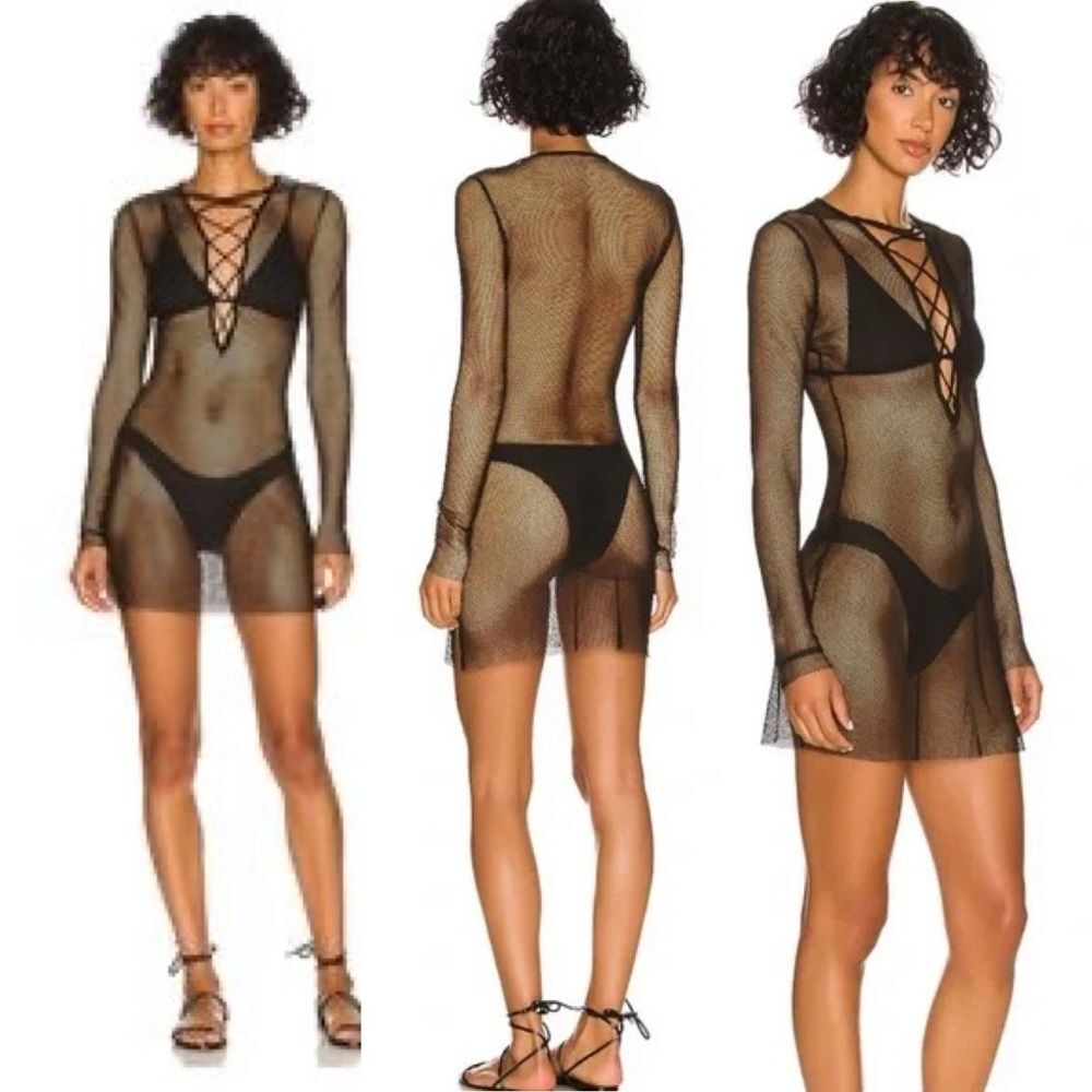 WeWoreWhat Long Sleeve Mesh Swim Cover Up Black S